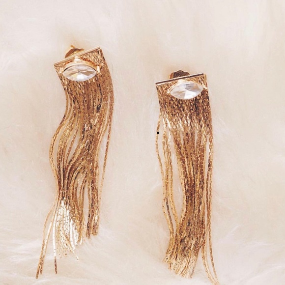 18K Gold Crystal Marquis Fringe Earrings - Picture 3 of 4